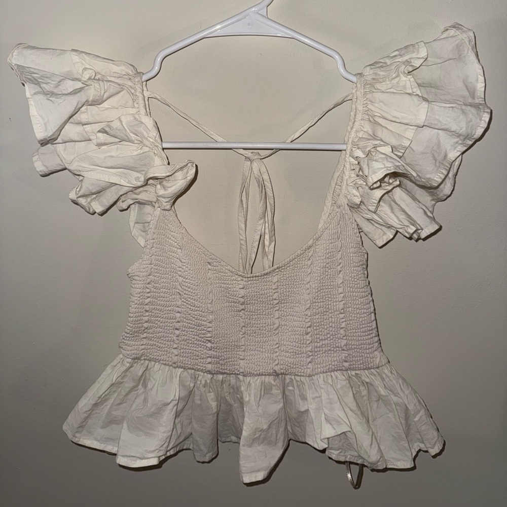 Cream cotton flounced Sleeveless Top